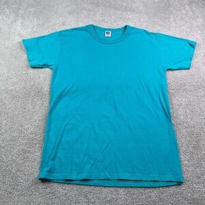 Vintage Russell Athletic Shirt Mens Large Blue Teal Blank Cotton Made in USA
